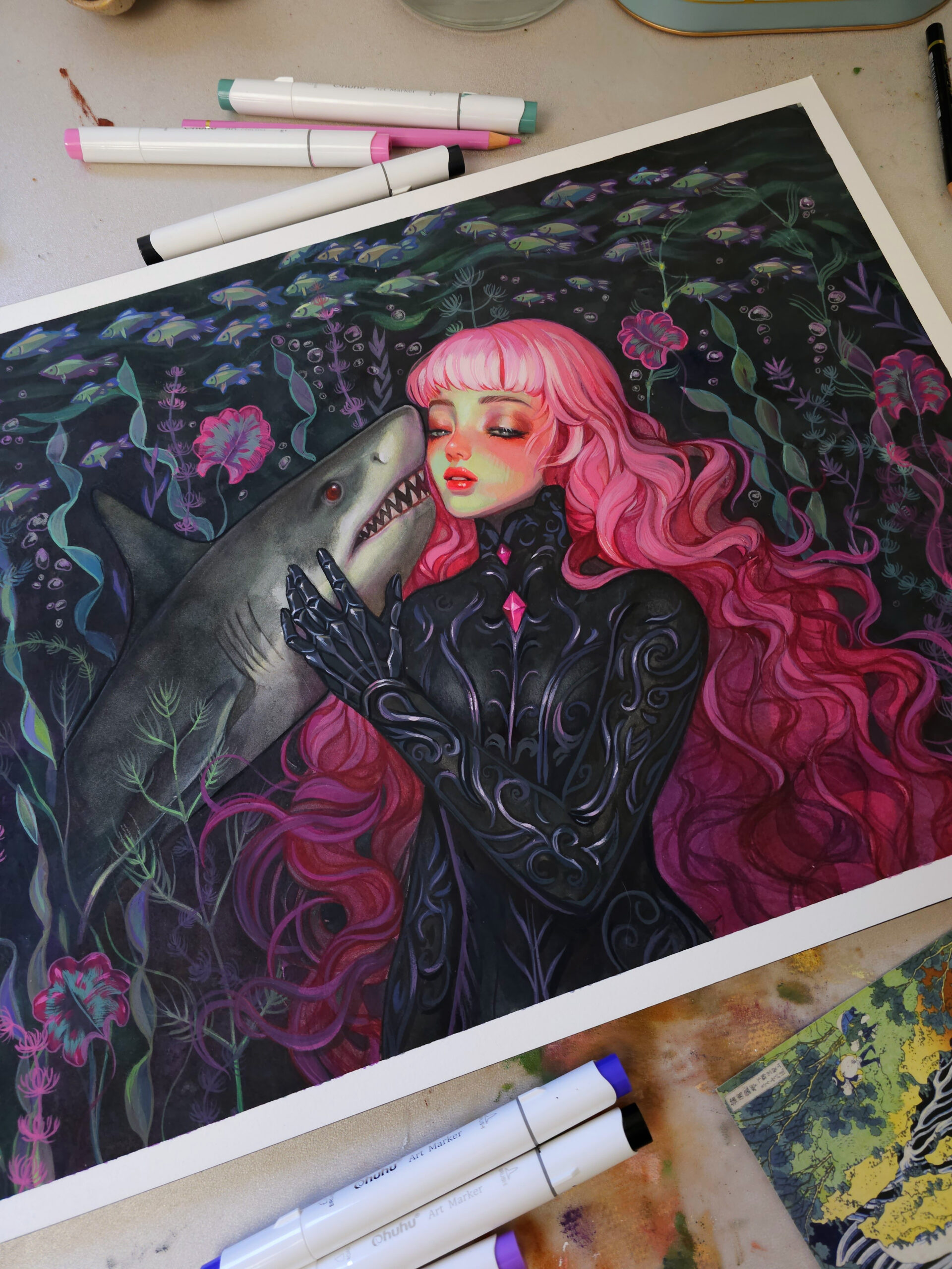 Progress Pictures & Original Painting: Vela & Bubbles! 🫧🦈